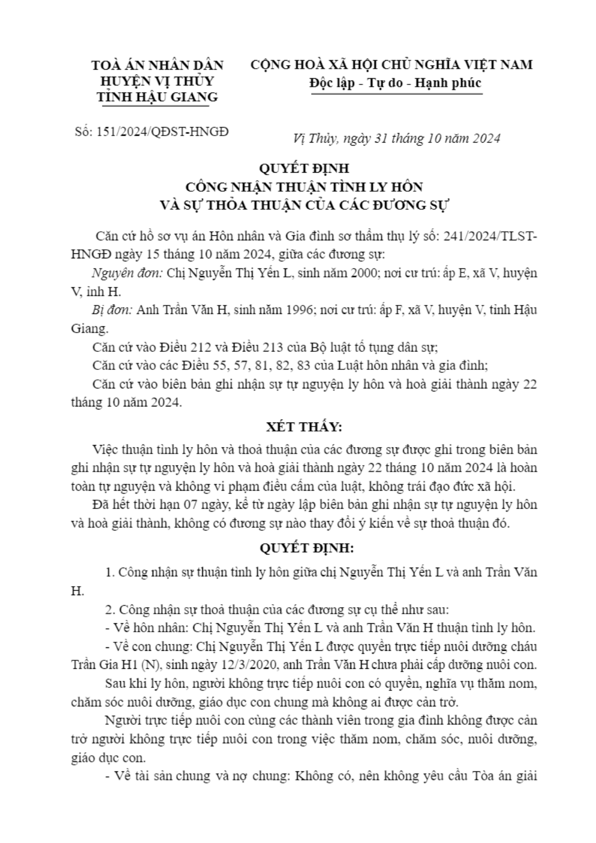 Quyết định về vụ án ly hôn về mâu thuẫn gia đình số 151 2024 QĐST HNGĐ