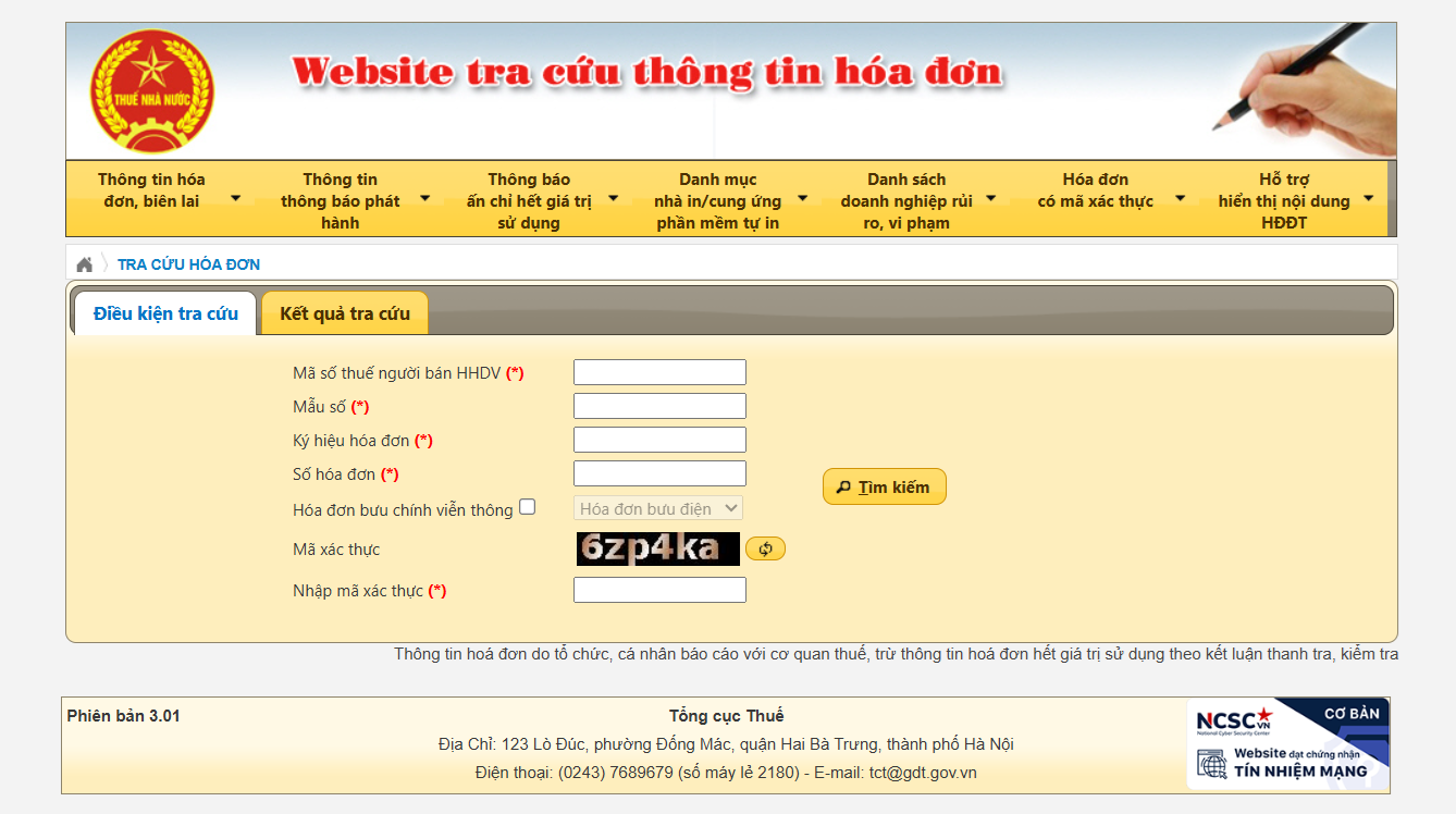 Tra cứu hóa đơn đầu trên trang tra cứu hóa đơn