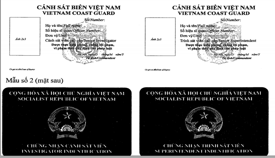 Thông tư 177/2019/TT-BQP của Bộ Quốc phòng về việc quy định tiêu chuẩn, điều kiện, trình tự, thủ tục bổ nhiệm, miễn nhiệm, cách chức và mẫu Giấy chứng nhận Cảnh sát viên, Trinh sát viên của Cảnh sát biển Việt Nam
