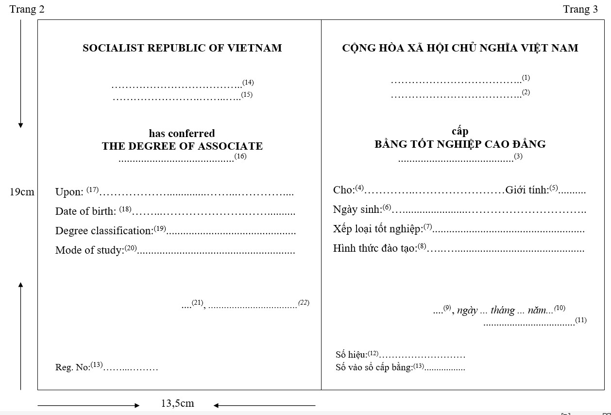 Thông tư 45/2012/TT-BGDĐT của Bộ Giáo dục và Đào tạo về việc ban hành mẫu bằng tốt nghiệp cao đẳng