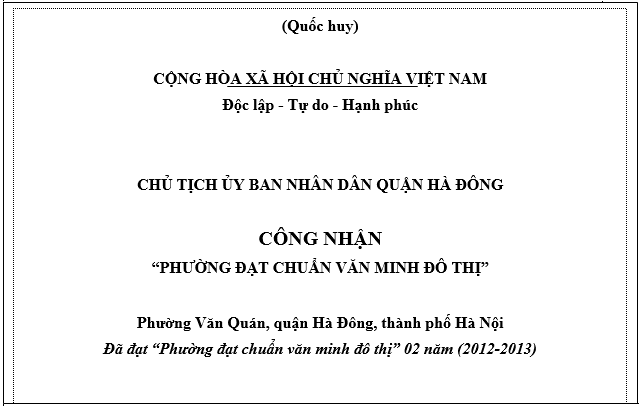 Thông tư 02/2013/TT-BVHTTDL của Bộ Văn hóa, Thể thao và Du lịch về việc quy định chi tiết tiêu chuẩn, trình tự, thủ tục xét và công nhận “Phường đạt chuẩn văn minh đô thị”; “Thị trấn đạt chuẩn văn minh đô thị”
