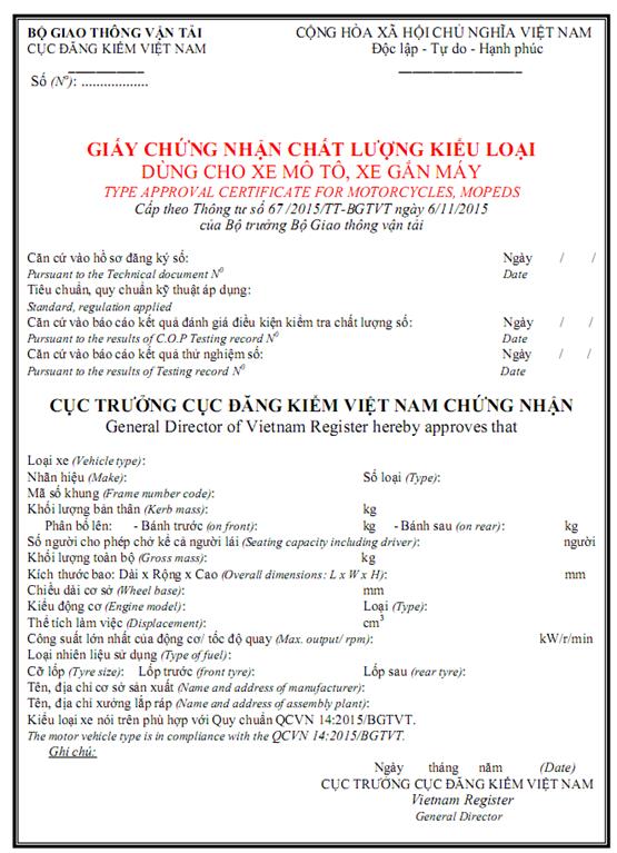 Thông tư 67/2015/TT-BGTVT của Bộ Giao thông Vận tải về việc ban hành Quy chuẩn kỹ thuật quốc gia về chất lượng an toàn kỹ thuật và bảo vệ môi trường đối với xe mô tô, xe gắn máy