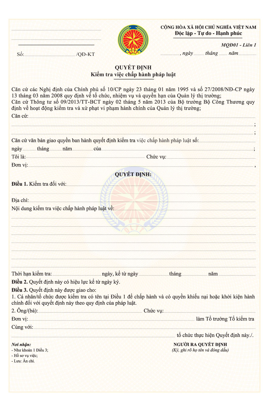 Thông tư 26/2013/TT-BCT của Bộ Công Thương quy định về mẫu biên bản, quyết định sử dụng trong hoạt động kiểm tra và xử phạt vi phạm hành chính của Quản lý thị trường