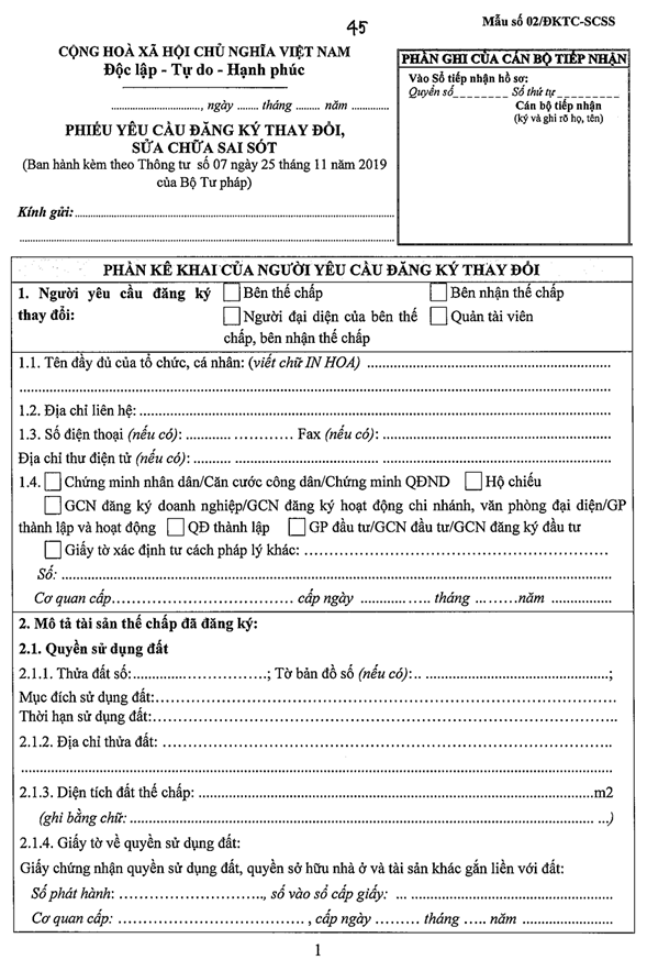 Quyết định 1183/QĐ-BTP của Bộ Tư pháp về việc công bố thủ tục hành chính được sửa đổi, bổ sung trong lĩnh vực đăng ký biện pháp bảo đảm thuộc phạm vi chức năng quản lý của Bộ Tư pháp