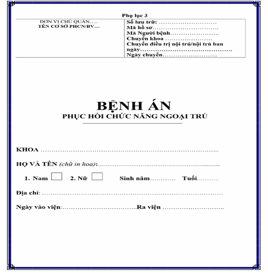 Quyết định 3730/QĐ-BYT của Bộ Y tế về việc ban hành sửa đổi, bổ sung mẫu hồ sơ bệnh án phục hồi chức năng và một số mẫu phiếu Phục hồi chức năng