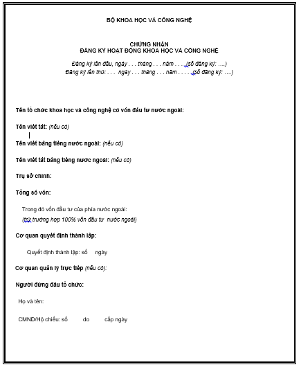Thông tư 01/2011/TT-BKHCN của Bộ Khoa học và Công nghệ hướng dẫn thành lập và đăng ký hoạt động của Tổ chức Khoa học và Công nghệ có vốn đầu tư nước ngoài, Văn phòng đại diện, Chi nhánh của Tổ chức Khoa học và Công nghệ nước ngoài tại Việt Nam