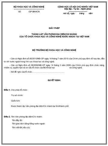 Thông tư 01/2011/TT-BKHCN của Bộ Khoa học và Công nghệ hướng dẫn thành lập và đăng ký hoạt động của Tổ chức Khoa học và Công nghệ có vốn đầu tư nước ngoài, Văn phòng đại diện, Chi nhánh của Tổ chức Khoa học và Công nghệ nước ngoài tại Việt Nam