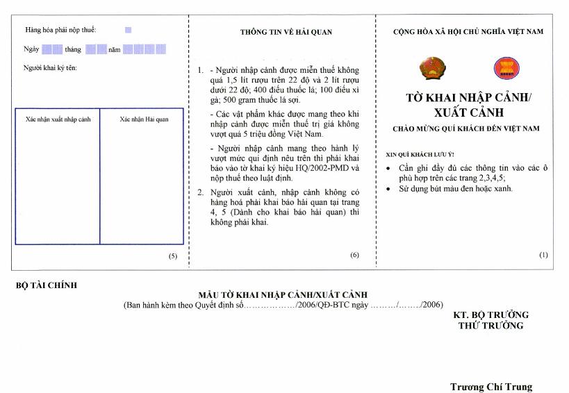 Quyết định 29/2006/QĐ-BTC của Bộ Tài chính về việc ban hành Quy định về mẫu, hướng dẫn sử dụng, in phát hành và quản lý tờ khai nhập cảnh / xuất cảnh