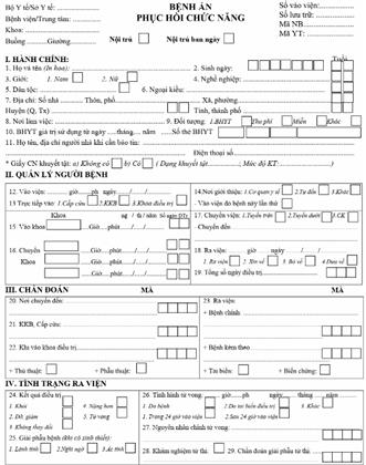 Quyết định 3730/QĐ-BYT của Bộ Y tế về việc ban hành sửa đổi, bổ sung mẫu hồ sơ bệnh án phục hồi chức năng và một số mẫu phiếu Phục hồi chức năng