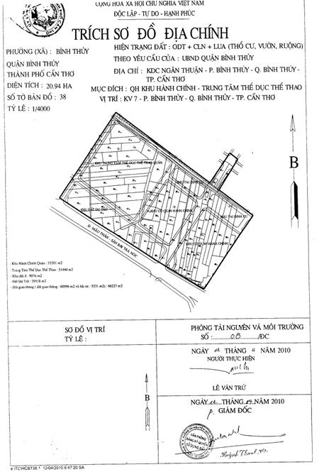 Quyết định 1284/QĐ-UBND của Ủy ban nhân dân Thành phố Cần Thơ về việc quy hoạch đất xây dựng Khu hành chính và Trung tâm thể dục thể thao quận Bình Thủy, Thành phố Cần Thơ