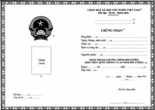 Thông tư 40/2014/TT-BQP của Bộ Quốc phòng về việc quy định mẫu giấy chứng nhận hoàn thành chương trình bồi dưỡng kiến thức quốc phòng và an ninh