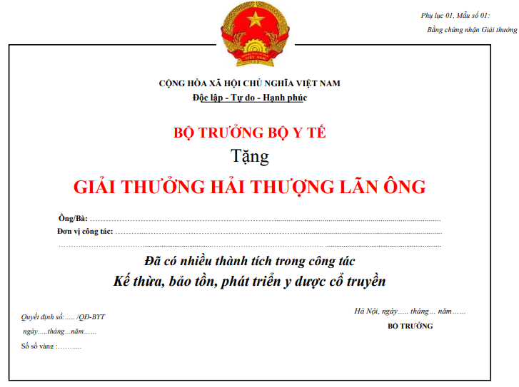Thông tư 16/2020/TT-BYT của Bộ Y tế về việc ban hành Tiêu chuẩn và hướng dẫn xét tặng giải thưởng Hải Thượng Lãn Ông về công tác y dược cổ truyền