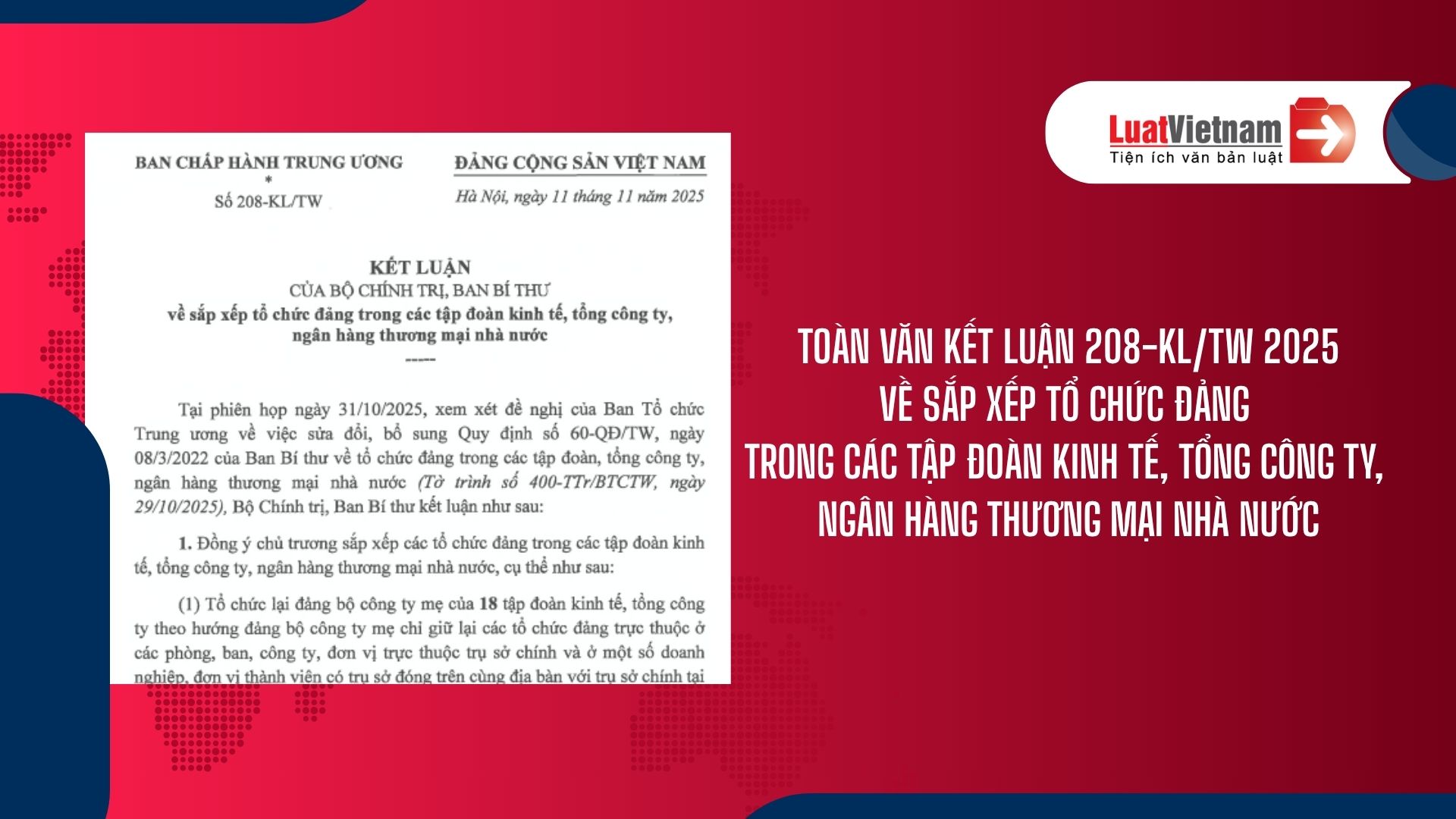 Tải Kết luận 208 KL TW về sắp xếp tổ chức đảng trong tập đoàn kinh tế, tổng công ty, ngân hàng thương mại nhà nước