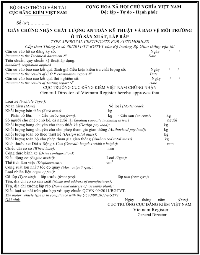 Thông tư 56/2011/TT-BGTVT của Bộ Giao thông Vận tải về việc ban hành 06 Quy chuẩn kỹ thuật quốc gia về phương tiện cơ giới đường bộ
