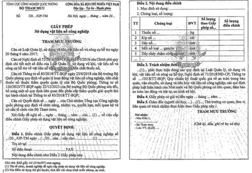 Thông tư 120/2023/TT-BQP của Bộ Quốc phòng sửa đổi, bổ sung một số quy định liên quan đến phân cấp thẩm quyền giải quyết thủ tục hành chính tại Thông tư 85/2018/TT-BQP ngày 23/6/2018 của Bộ trưởng Bộ Quốc phòng quy định về quản lý hoạt động vật liệu nổ công nghiệp, tiền chất thuốc nổ thuộc thẩm quyền quản lý của Bộ Quốc phòng