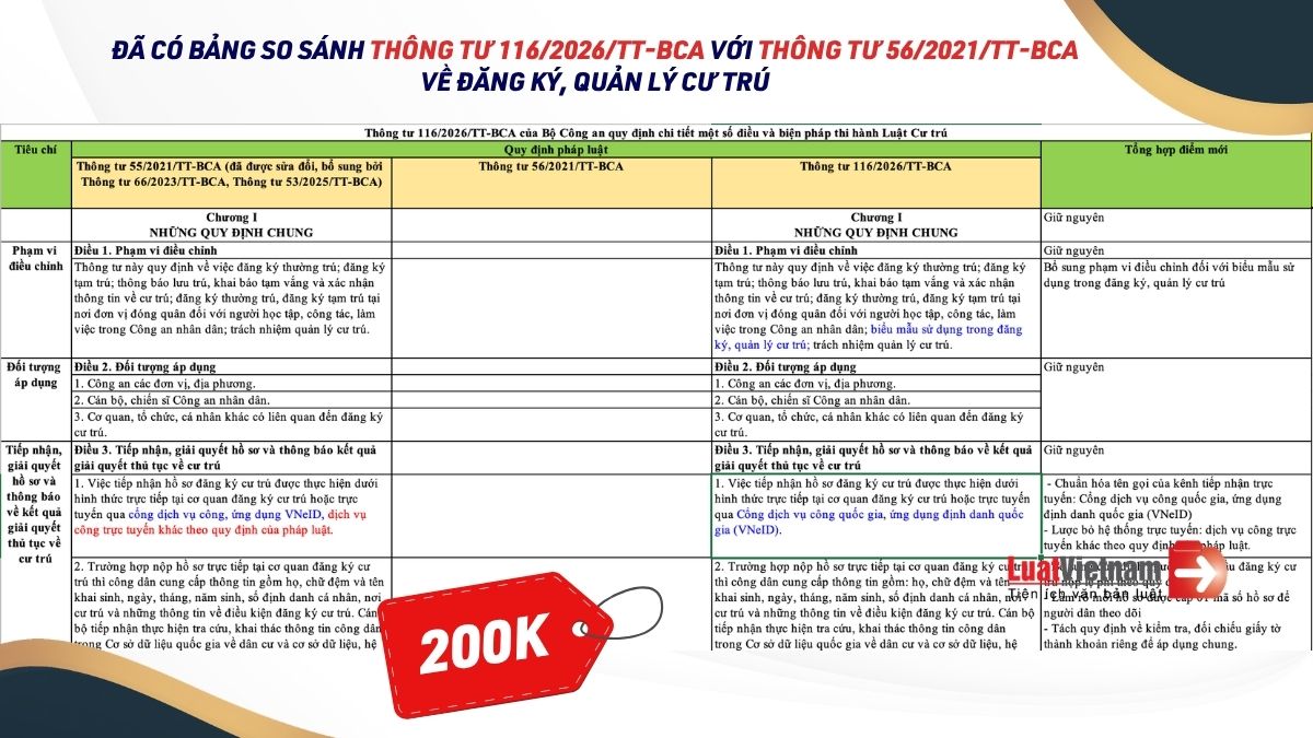 Đã có Bảng so sánh Thông tư 116/2026/TT-BCA với Thông tư 56/2021/TT-BCA về đăng ký, quản lý cư trú Đã có Bảng so sánh Thông tư 116/2026/TT-BCA với Thông tư 56/2021/TT-BCA về đăng ký, quản lý cư trú