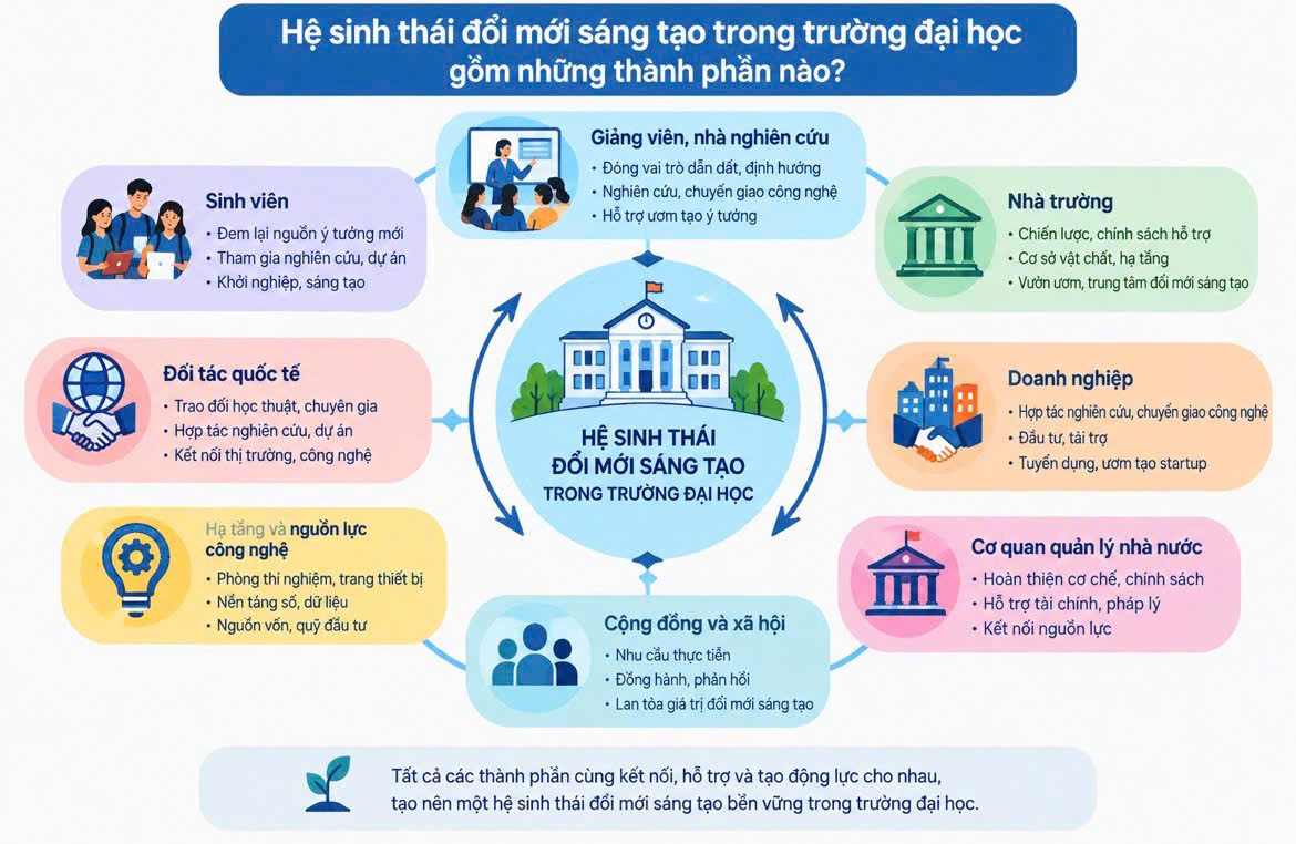 Hệ sinh thái đổi mới sáng tạo trong trường đại học gồm những thành phần nào? 4